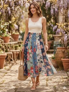 Floral Maxi Skirt in Blue Multi - Women's Pleated Summer Skirt